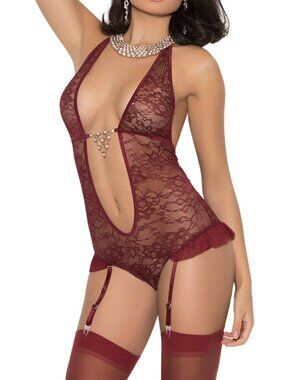 Burgundy Wine Lace Halter Teddiette Deep V Rhinestone Garter Teddy Lingerie S